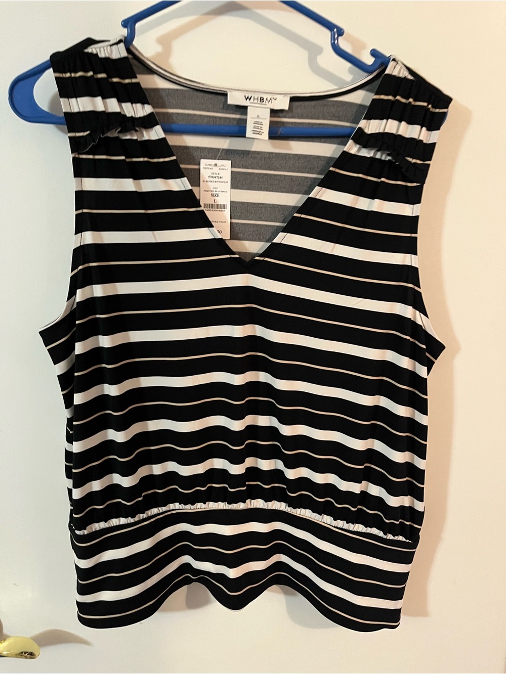 White House Black Market large Black & White Striped V-Neck  banded bottom top